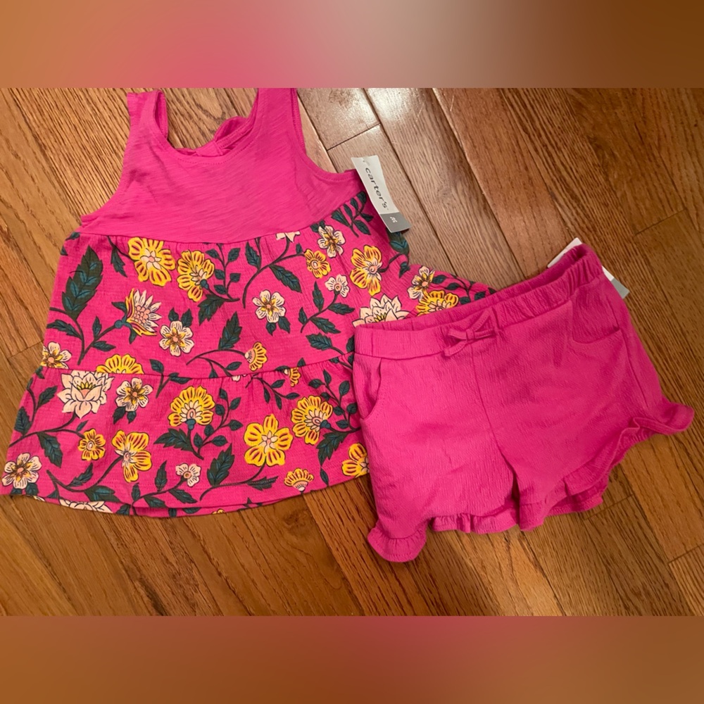 NWT Two piece Carter's Pink SHORTS & matching top- with Yellow Floral Design 3T